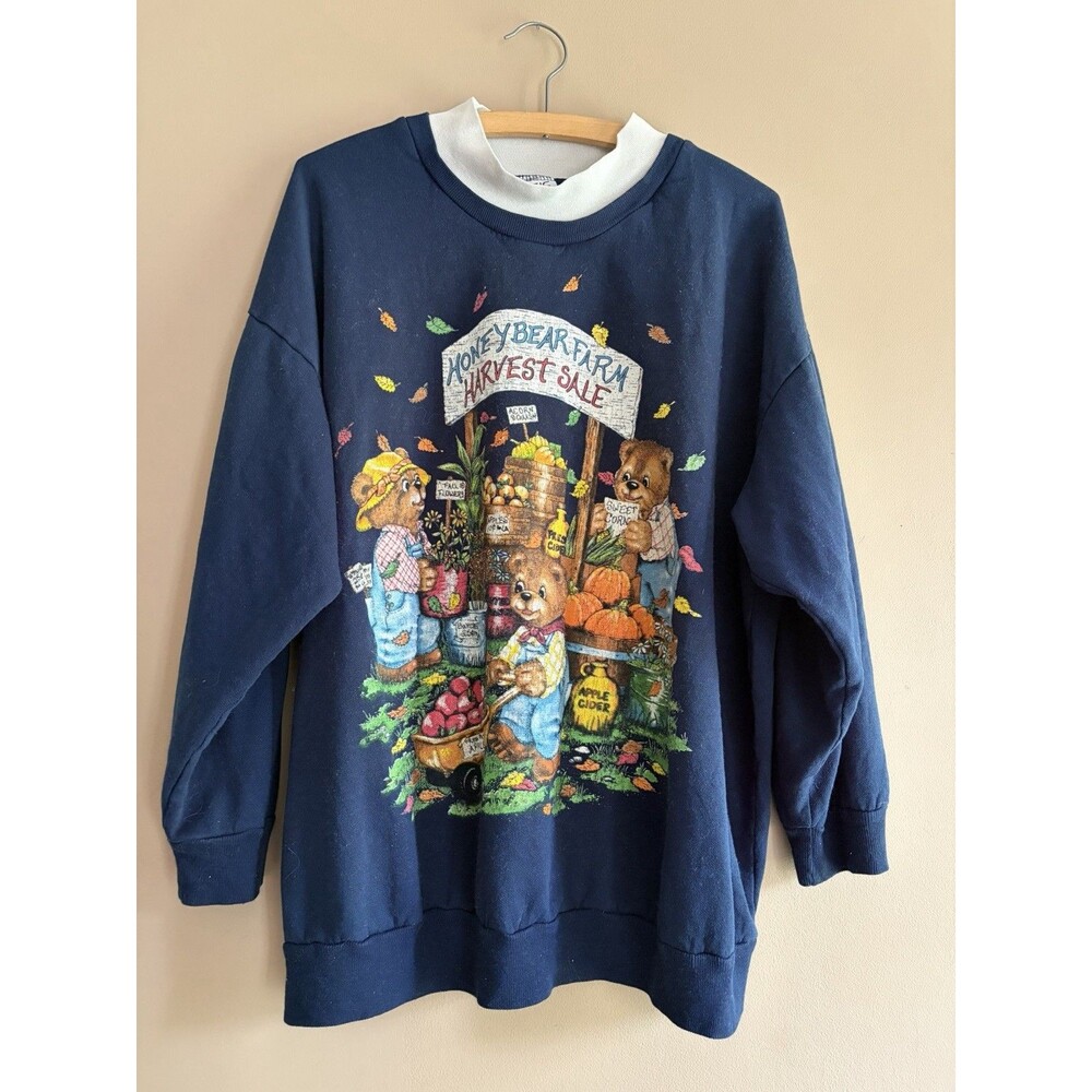 Vtg  Grandma Sweatshirt Navy Blue Fall Autumn Leaves Honeybear Harvest Plus 2X